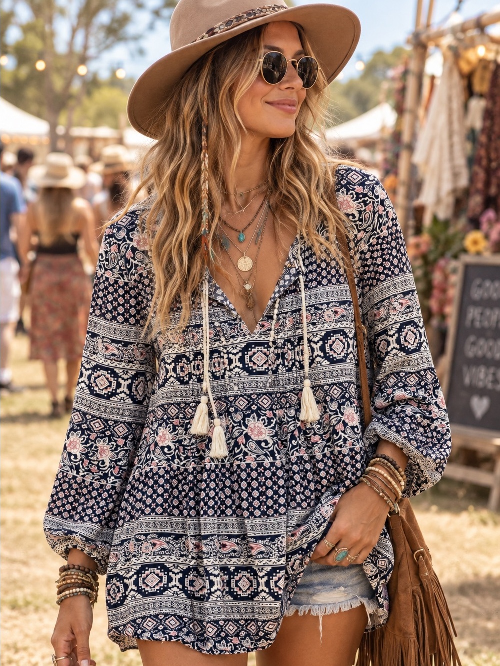 DANIEL RAINN Boho Rayon Navy, White & Pink Printed Peasant Top W/Tassels Size S